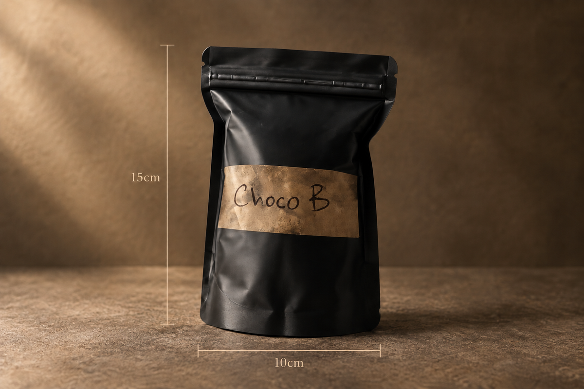 Chocolate Brown edible clay pouch, sealed, with dimension labels