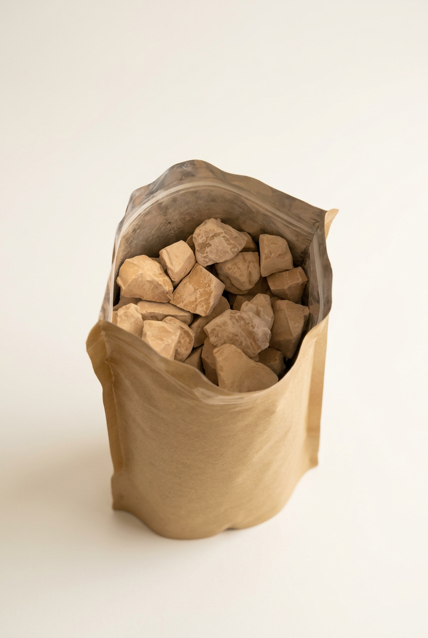 Clean studio photo of an open pouch filled with clay chunks